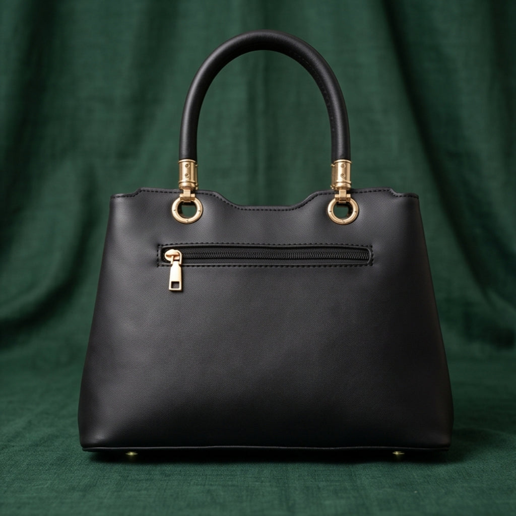 Women's Black Quilted Structured Handbag with Gold-Tone Handle-2