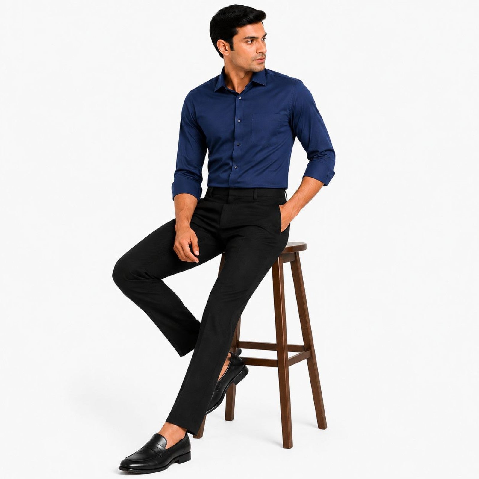 Men’s Navy Blue Slim Tapered Flat-Front Formal Trousers | Smart Office Wear Pants-3