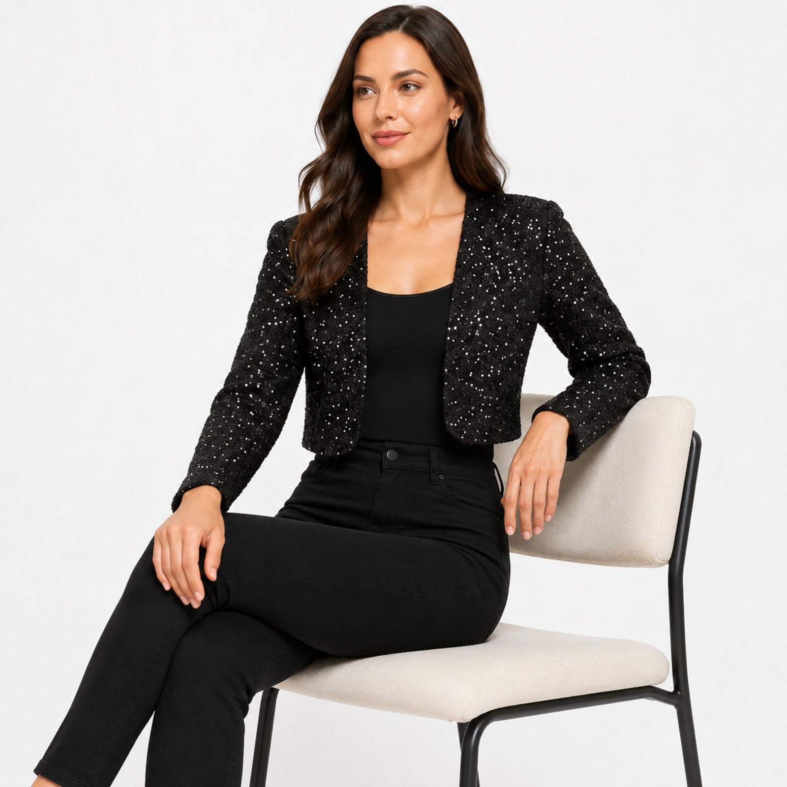 Women's Black Sequin Cropped Open Front Jacket | Glamorous Party Wear Shrug-3