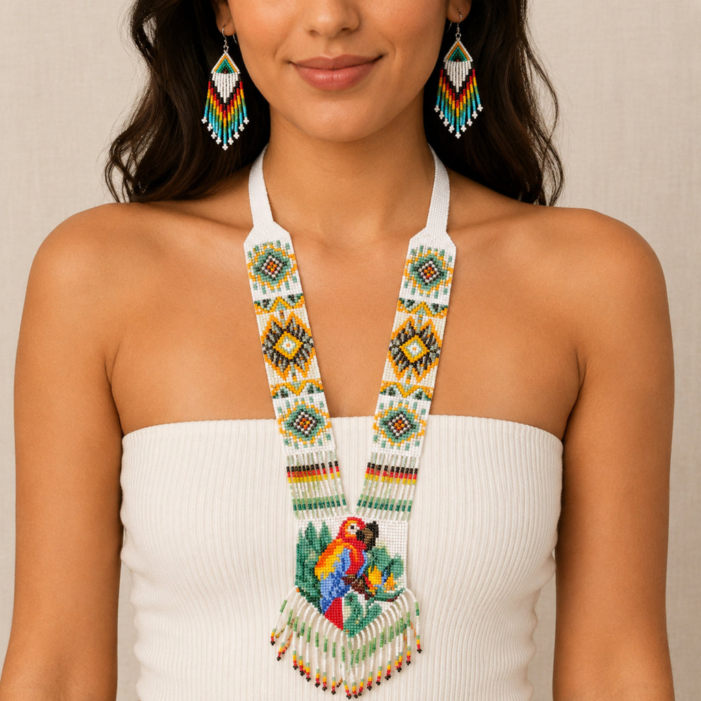 Women's White Handcrafted Beaded Necklace & Earring Set-2