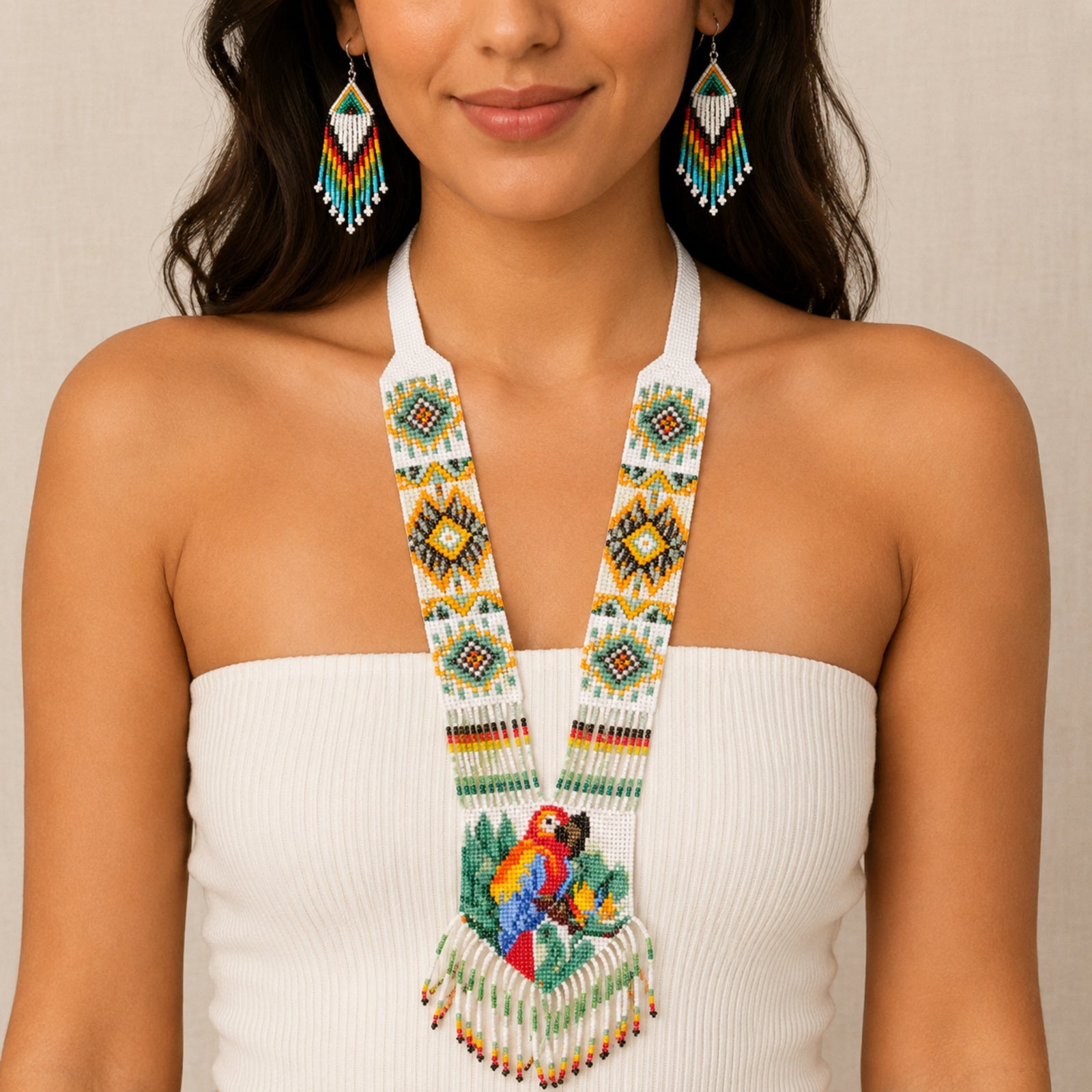 Women's White Handcrafted Beaded Necklace & Earring Set-2