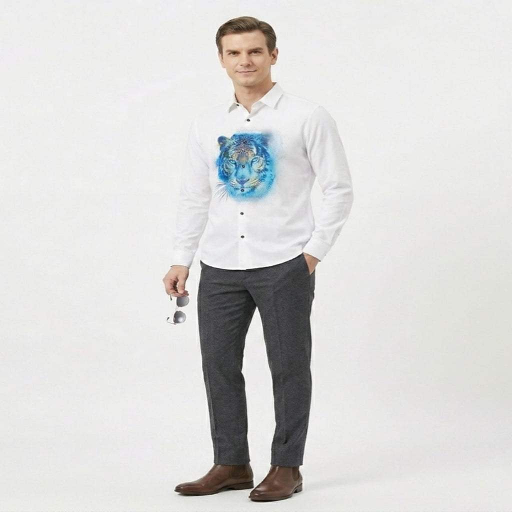 Men's White Tiger Graphic Casual Shirt-3
