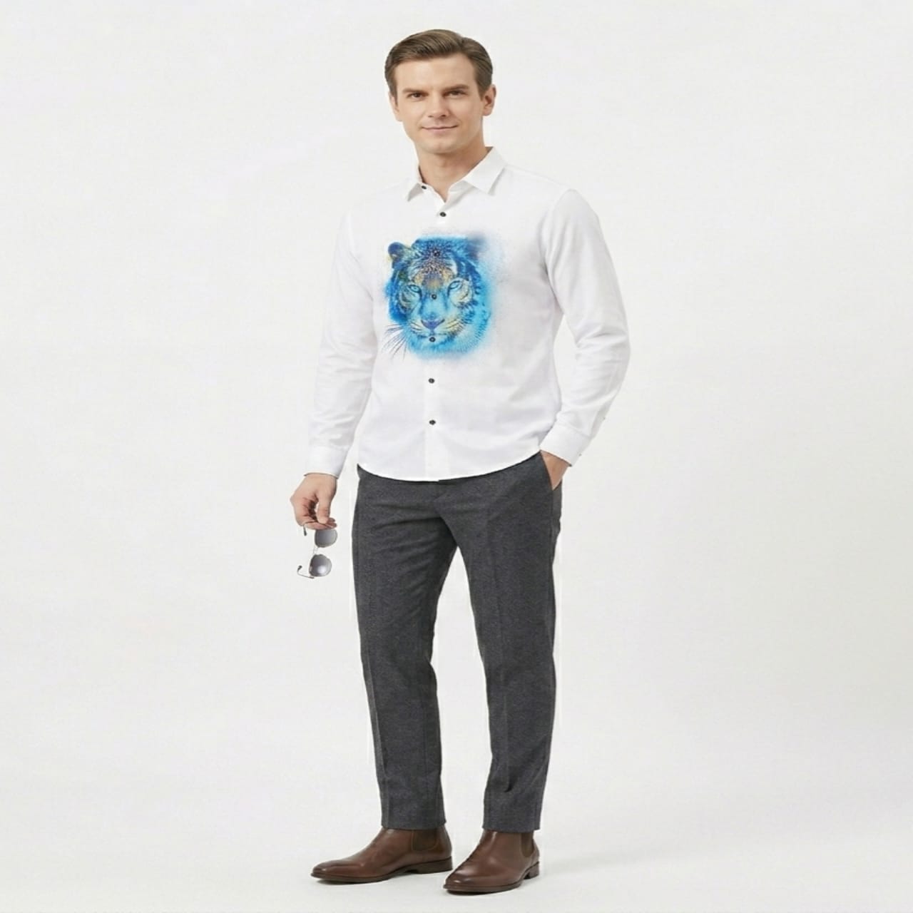 Men's White Tiger Graphic Casual Shirt-3