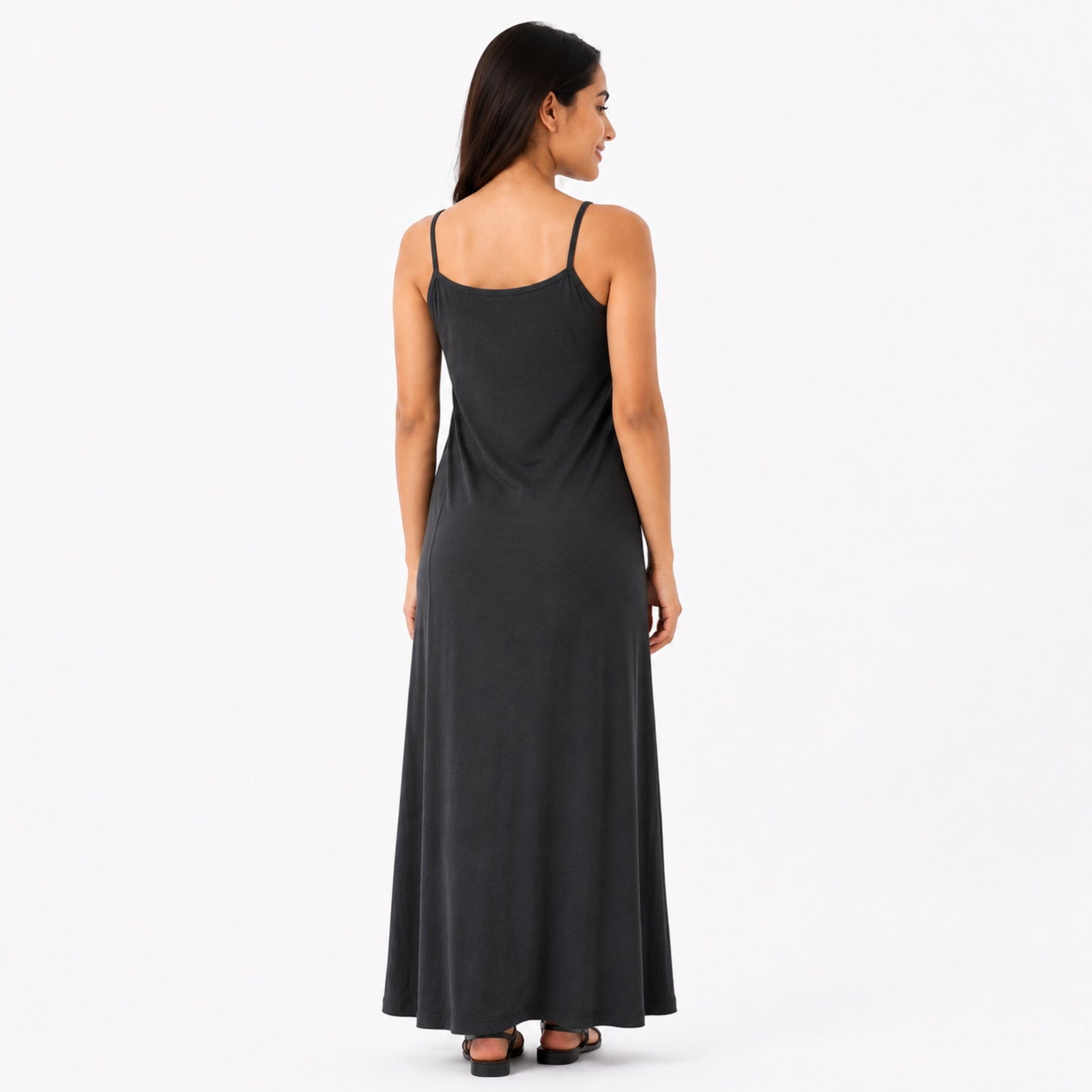 Women's Black Spaghetti Strap Flowy Maxi Dress-4