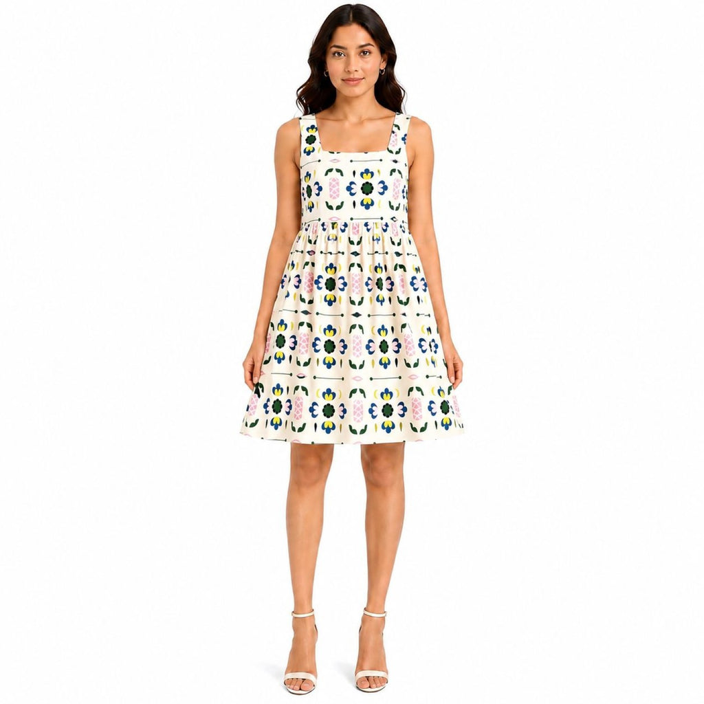 Women's Cream Floral Print Sleeveless Square Neck Fit & Flare Mini Dress-2