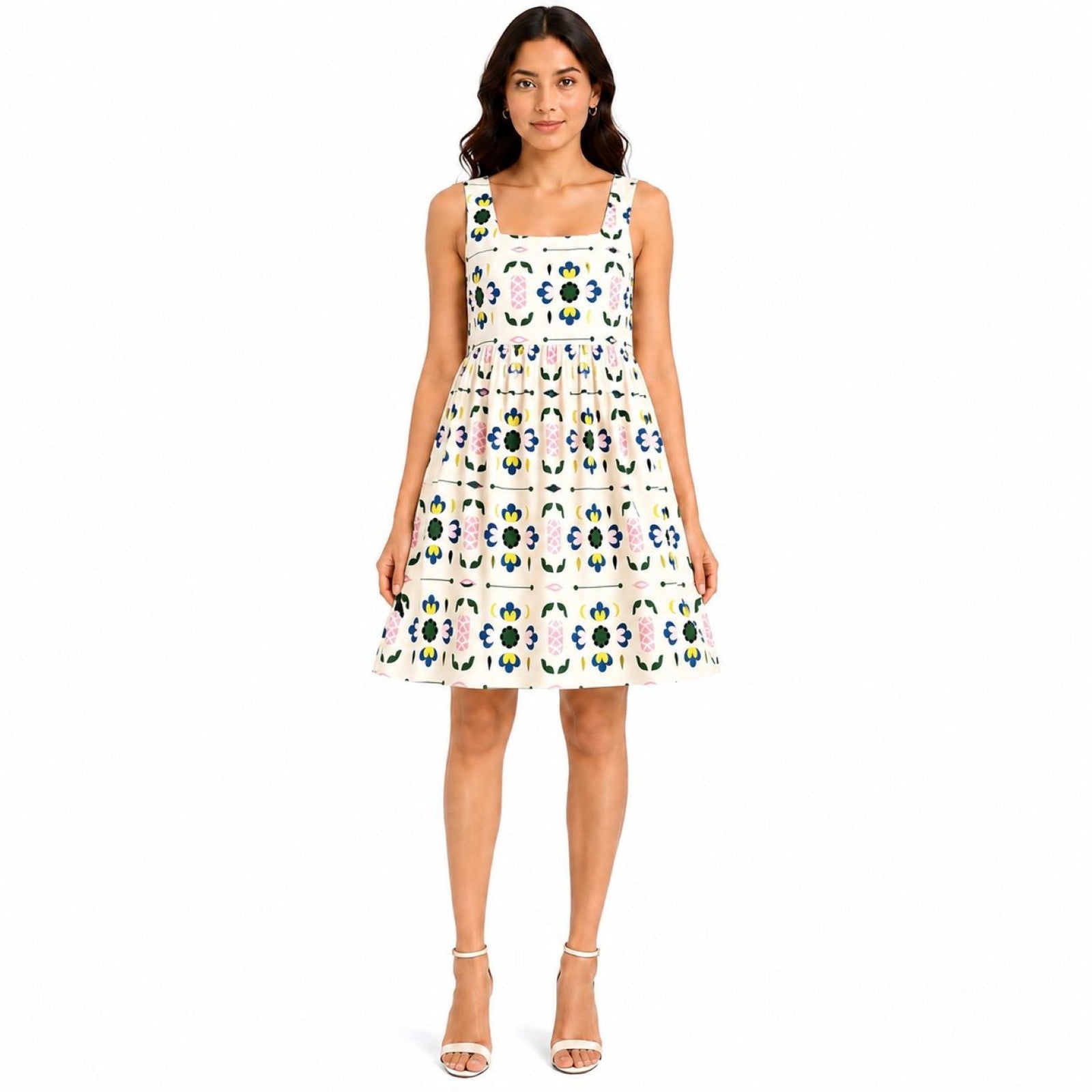 Women's Cream Floral Print Sleeveless Square Neck Fit & Flare Mini Dress-2