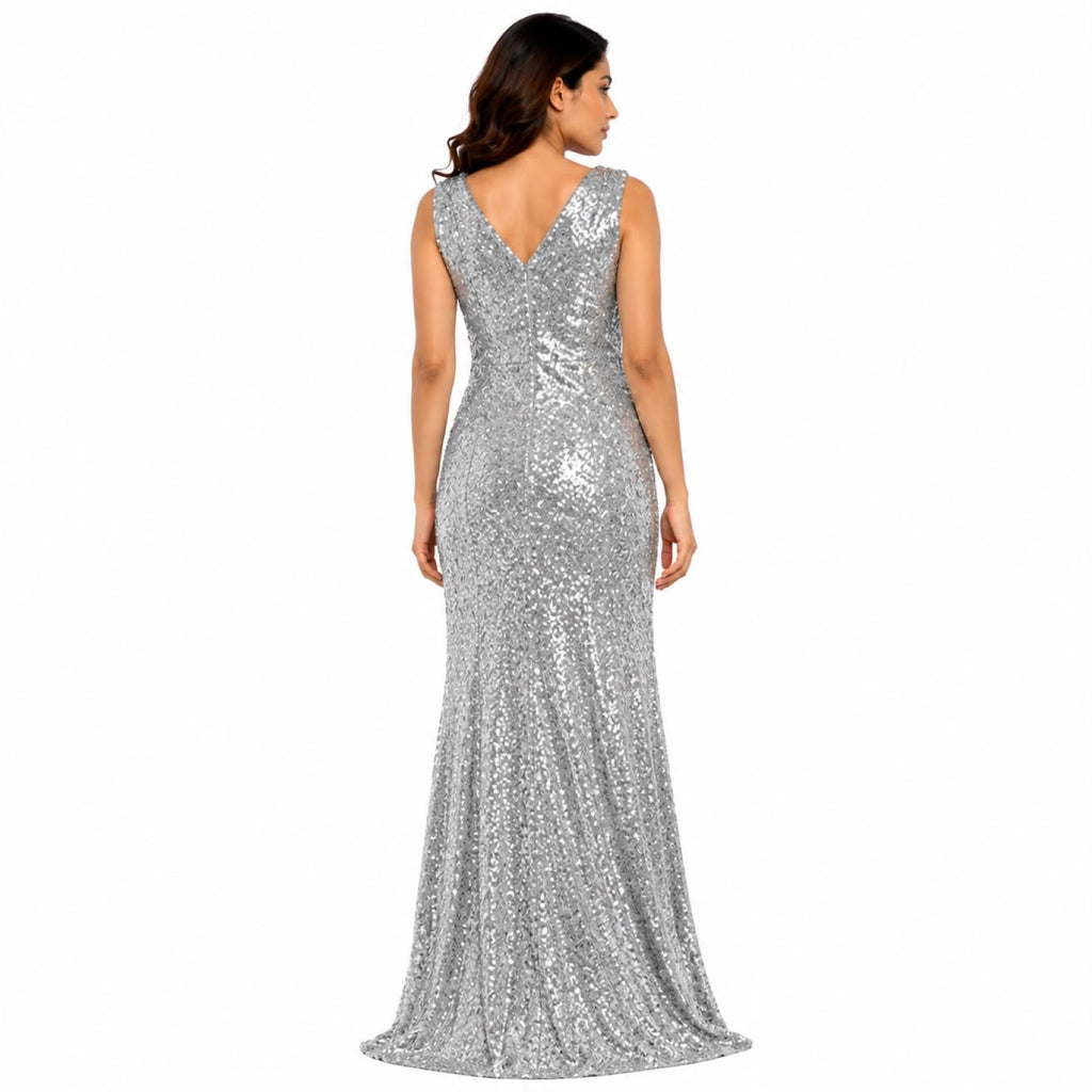 Silver Sequin Glamour Gown – Fitted Party Silhouette-4