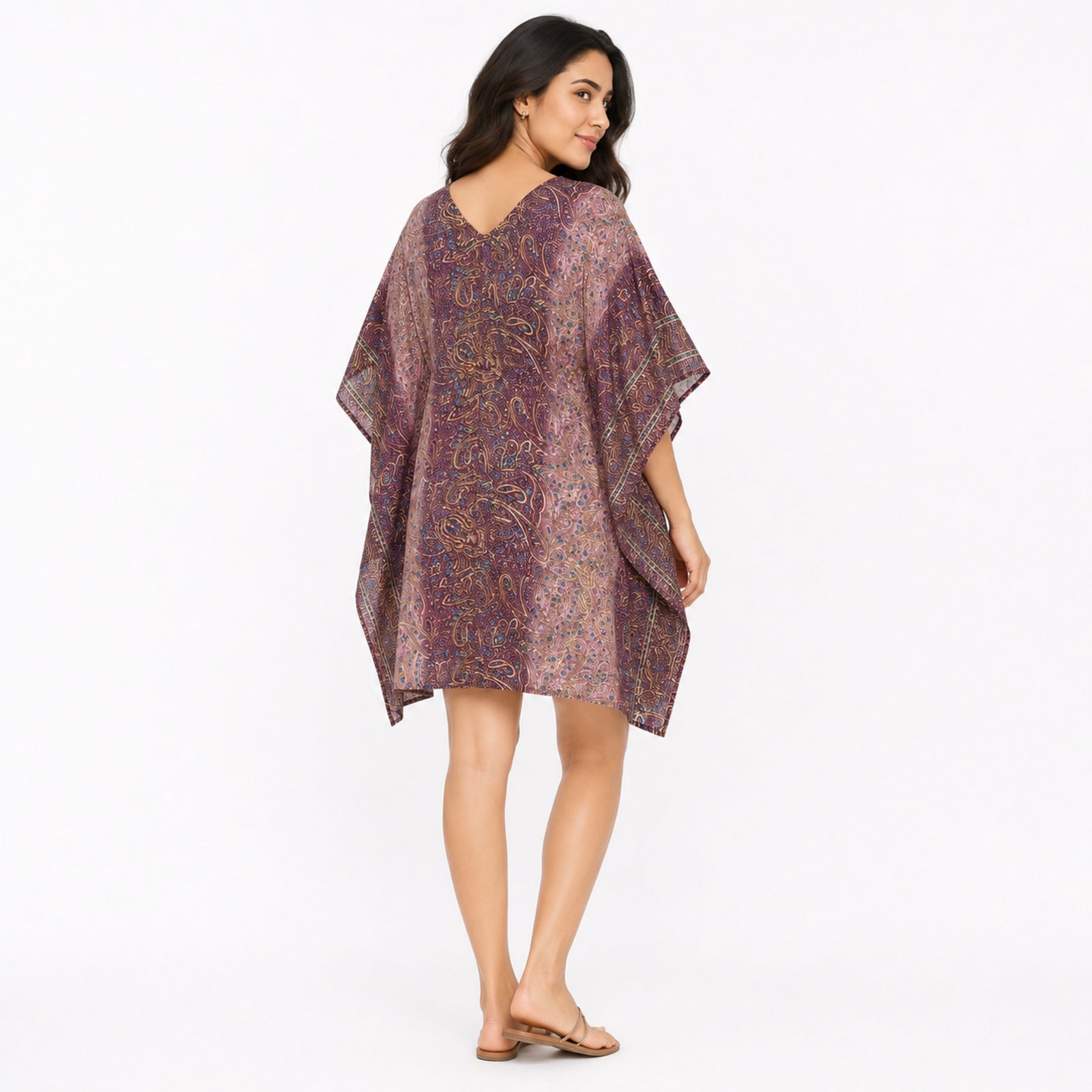 Women's Pink Paisley Border Print Short Kaftan Dress-4