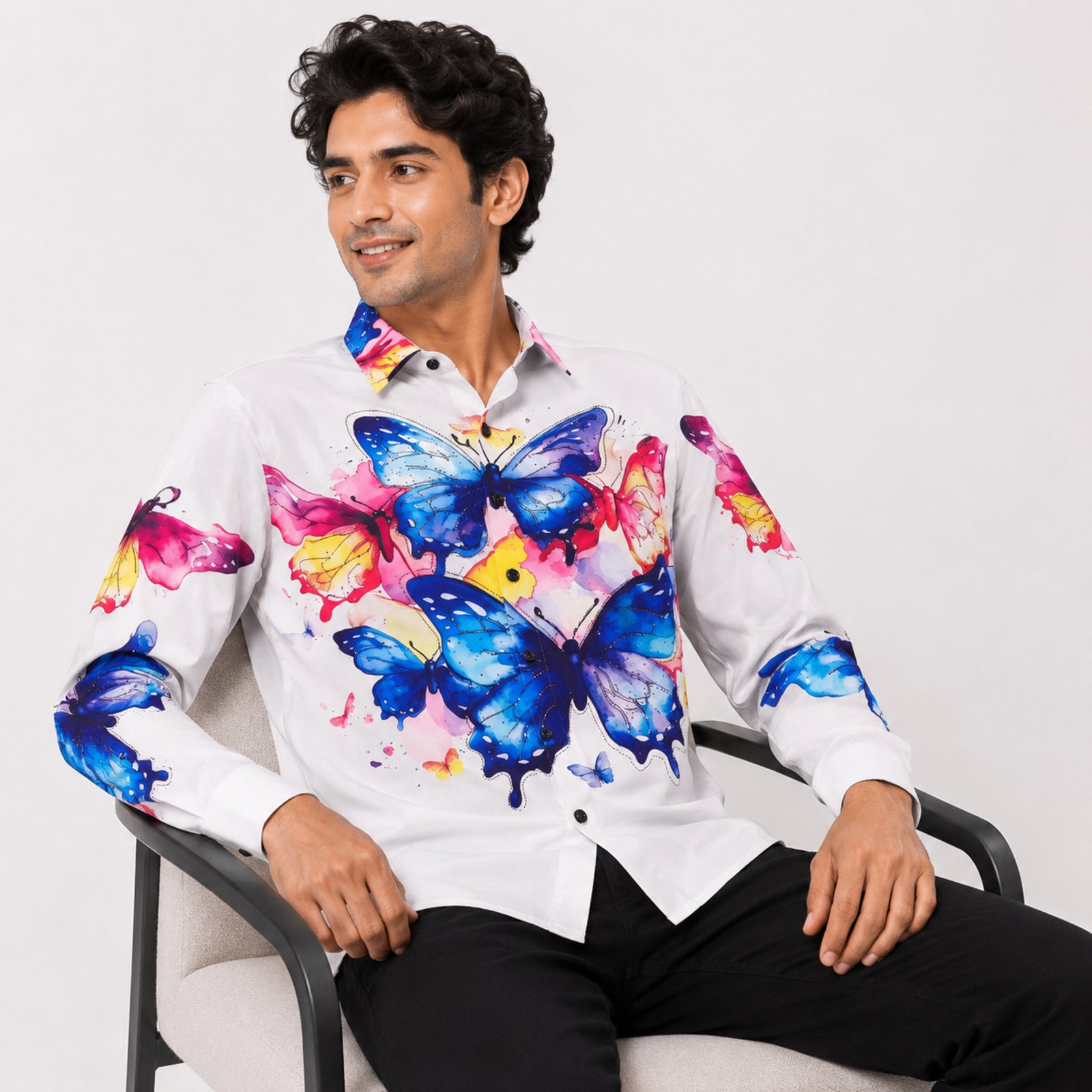 Men's White Butterfly Print Designer Shirt-2