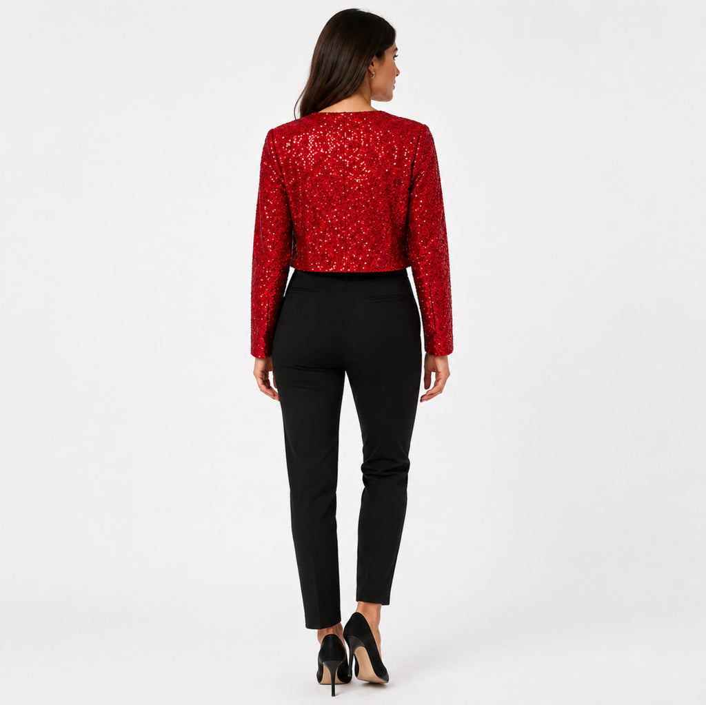 Women's Red Sequin Cropped Open Front Blazer Jacket | Glamorous Party Wear Shrug-4