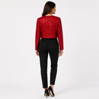 Women's Red Sequin Cropped Open Front Blazer Jacket | Glamorous Party Wear Shrug-4