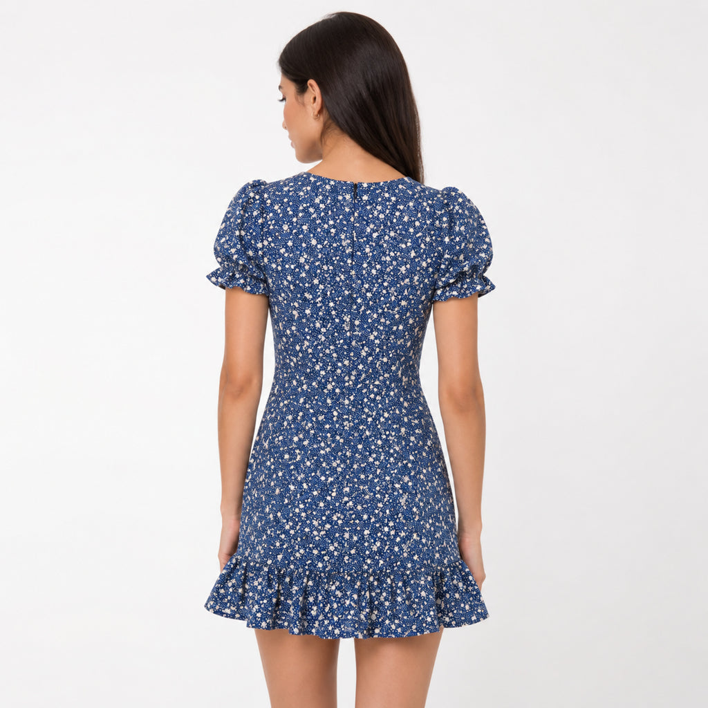 Women's Navy Blue Floral Wrap Mini Dress-3