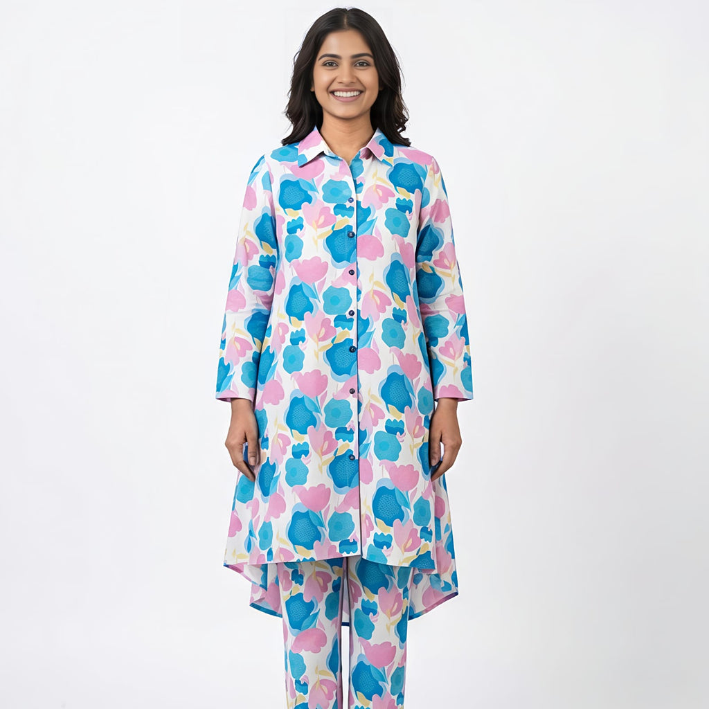 Women's Pastel Floral Printed Co-Ord Set with High-Low Kurta-1
