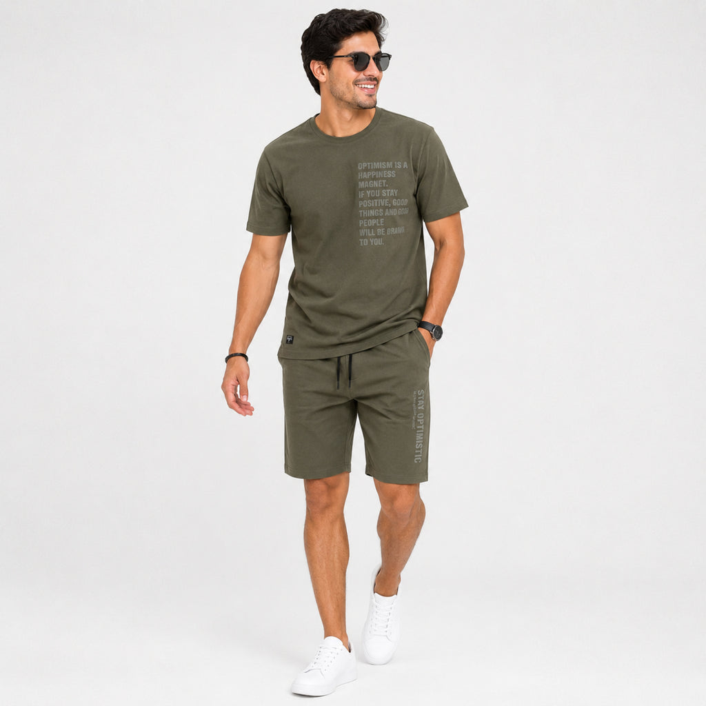Men's Olive Green Typography Co-ord T-Shirt & Shorts Set-1