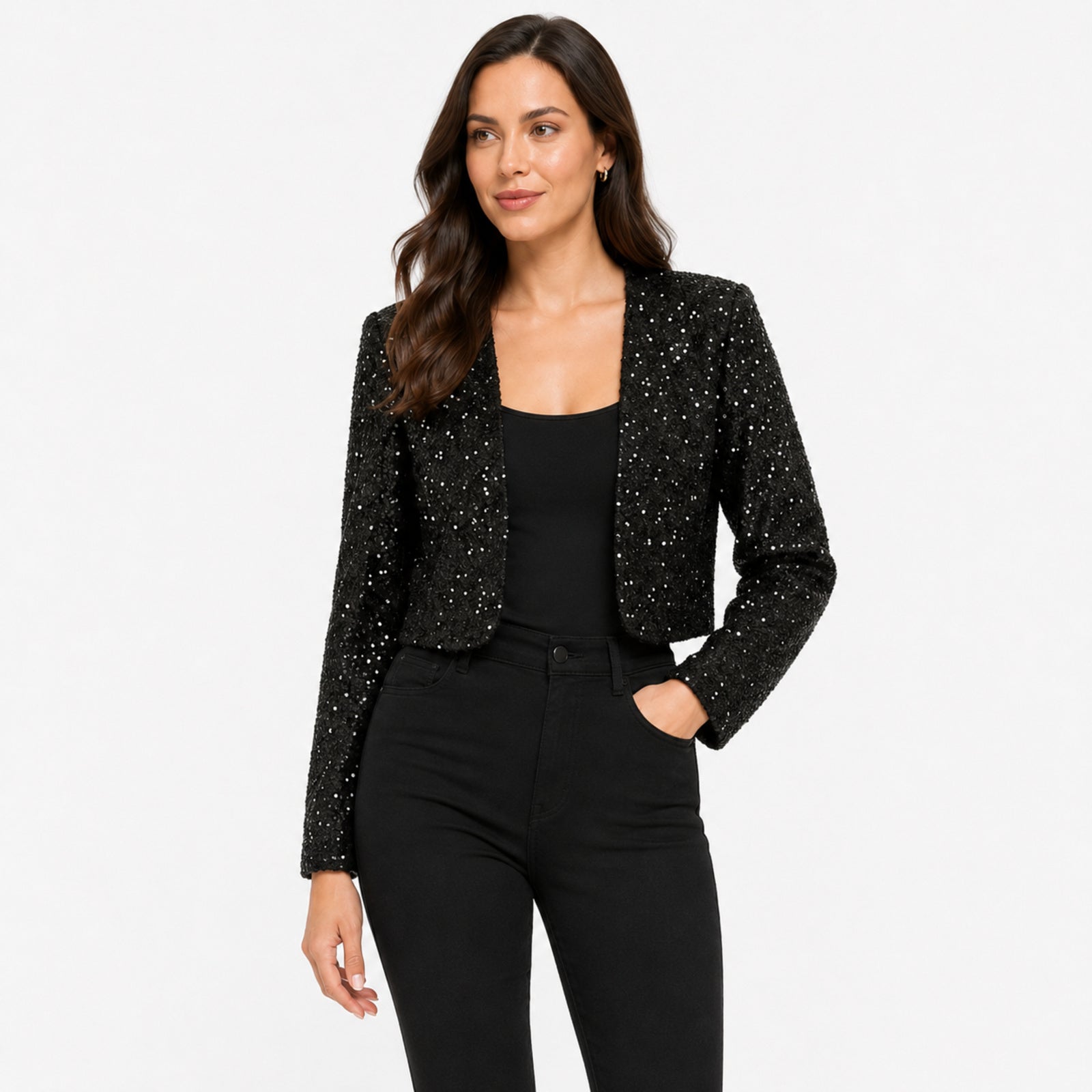 Women's Black Sequin Cropped Open Front Jacket | Glamorous Party Wear Shrug-2