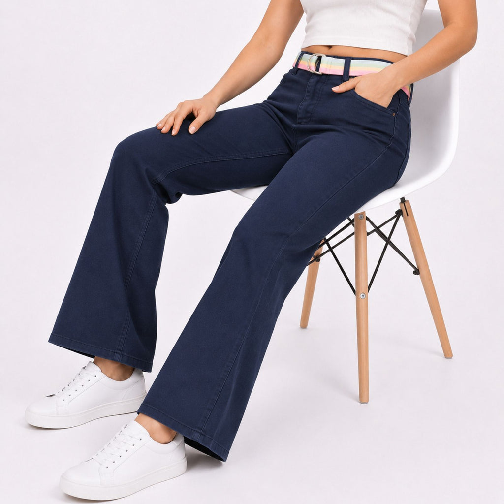 Title - Women's Sleek Comfort-Fit Dark Navy Blue Bootcut Trousers with Rainbow Pastel Belt-3