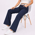 Title - Women's Sleek Comfort-Fit Dark Navy Blue Bootcut Trousers with Rainbow Pastel Belt-3