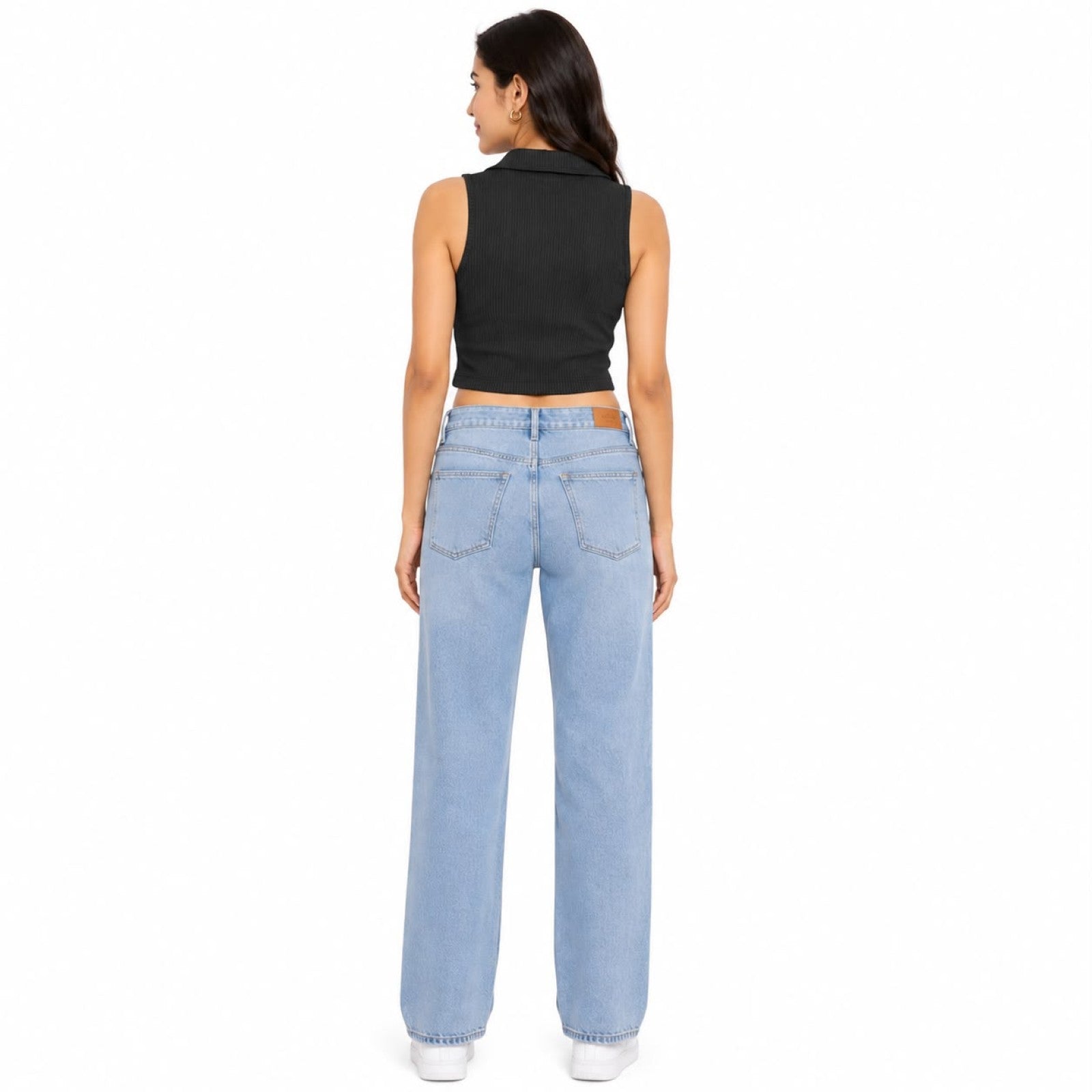 Women's Black Ribbed Sleeveless Collared Crop Top-4