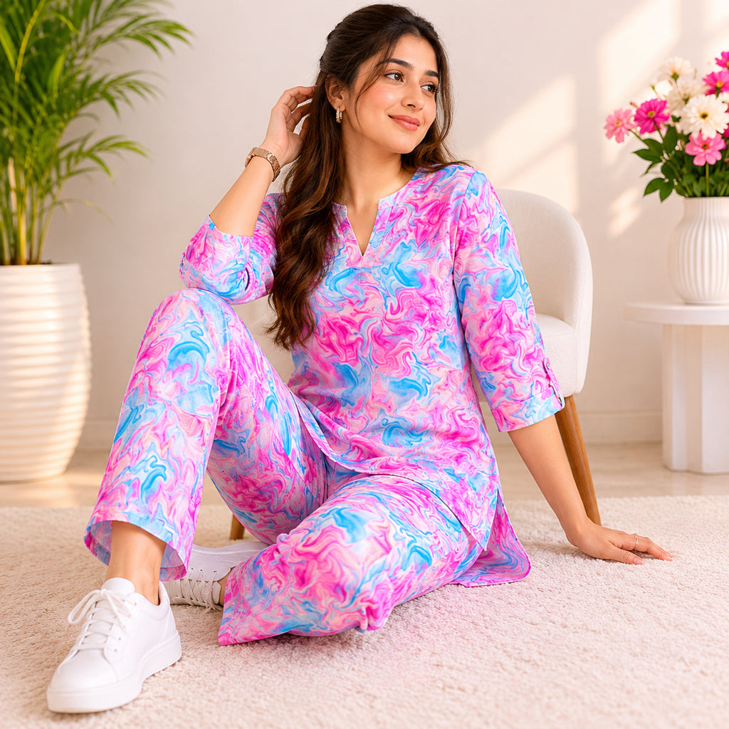 Women's Pink Abstract Printed Night Suit Co-Ord Set-3