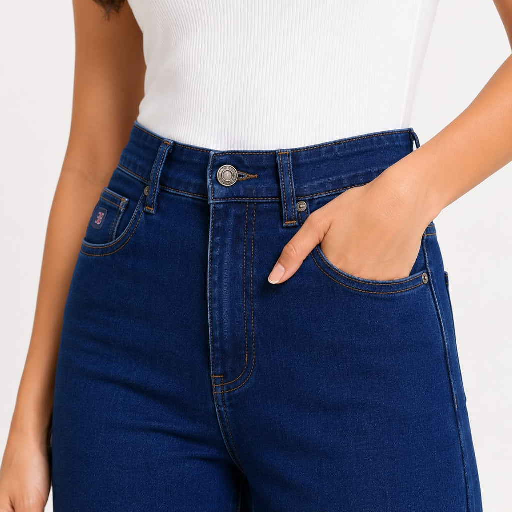 Women's High Rise Wide Leg Flared Jeans | Stylish Dark Blue Stretch Denim Palazzo Jeans for Women-3