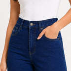 Women's High Rise Wide Leg Flared Jeans | Stylish Dark Blue Stretch Denim Palazzo Jeans for Women-3