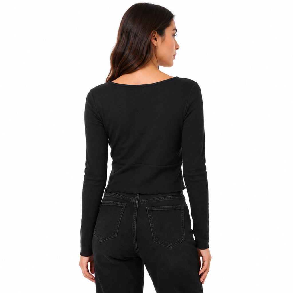 Women's Black Tie-Front Long Sleeve Cropped Casual Top-4