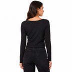 Women's Black Tie-Front Long Sleeve Cropped Casual Top-4