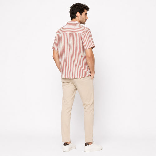 Men's Beige Striped Casual Half Sleeve Shirt-1