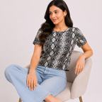 Women's Beige Snake Print Round Neck Regular Fit Top with Short Sleeves-4