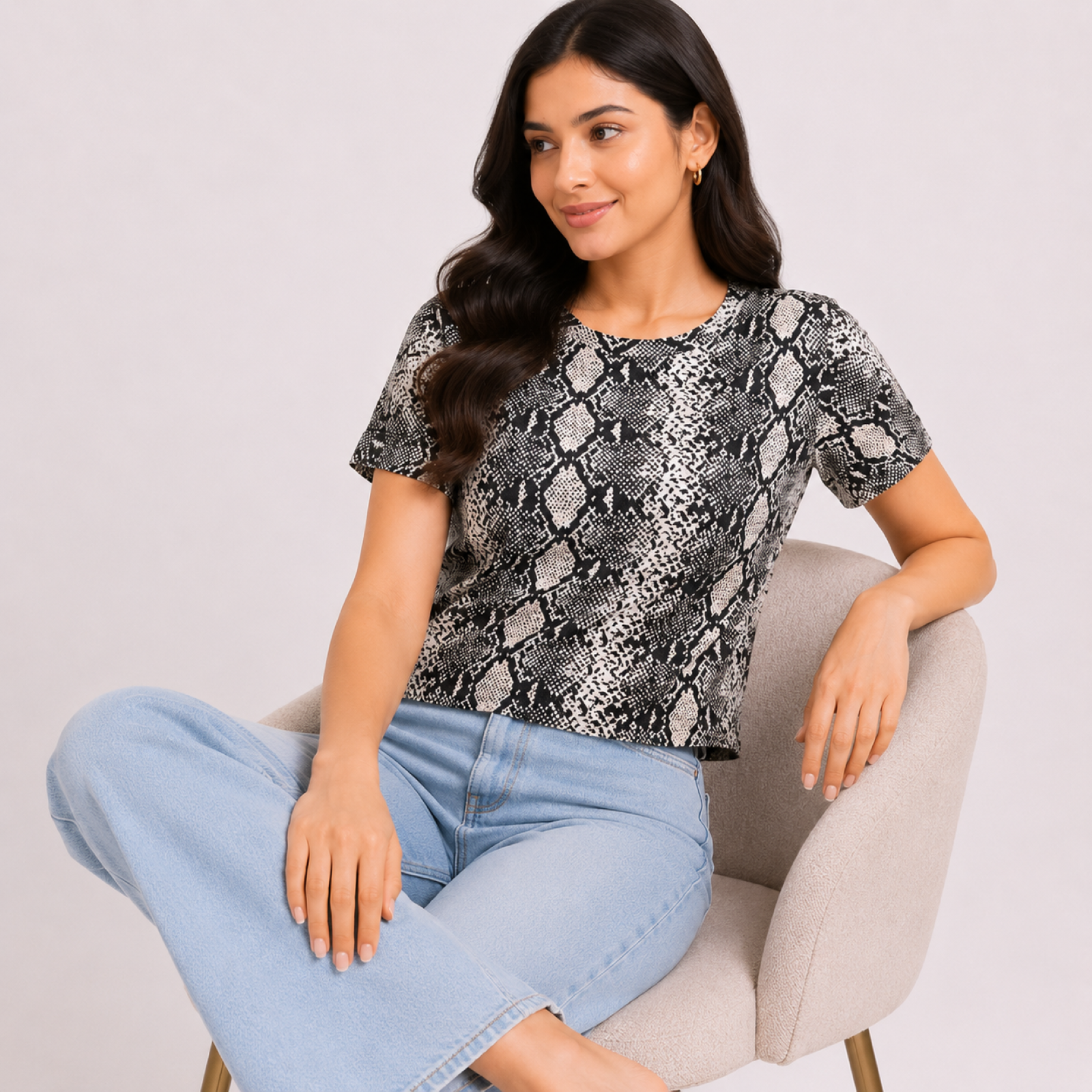 Women's Beige Snake Print Round Neck Regular Fit Top with Short Sleeves-4