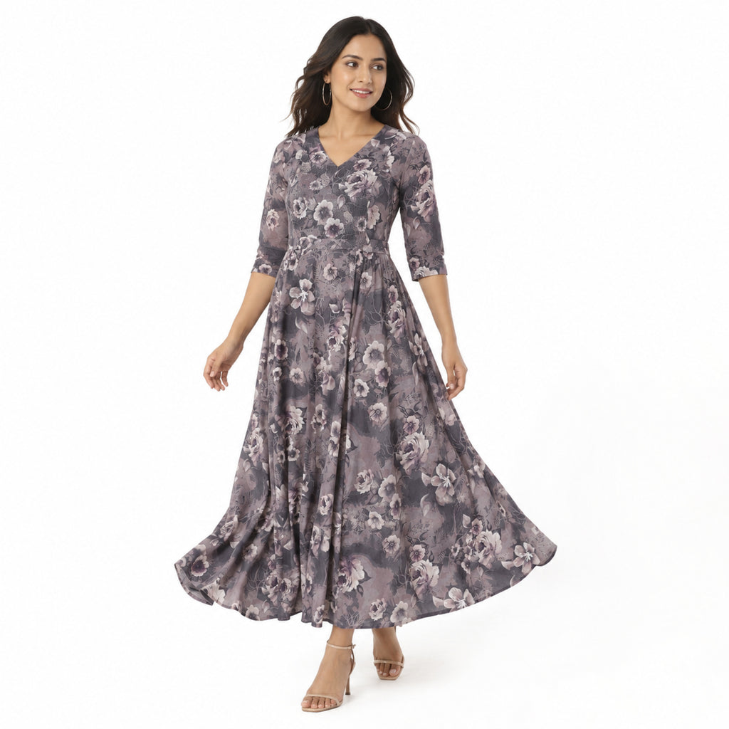 Women's Grey Floral V-Neck Flared Maxi Dress with Three-Quarter Sleeves-1