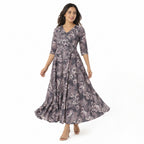 Women's Grey Floral V-Neck Flared Maxi Dress with Three-Quarter Sleeves-1