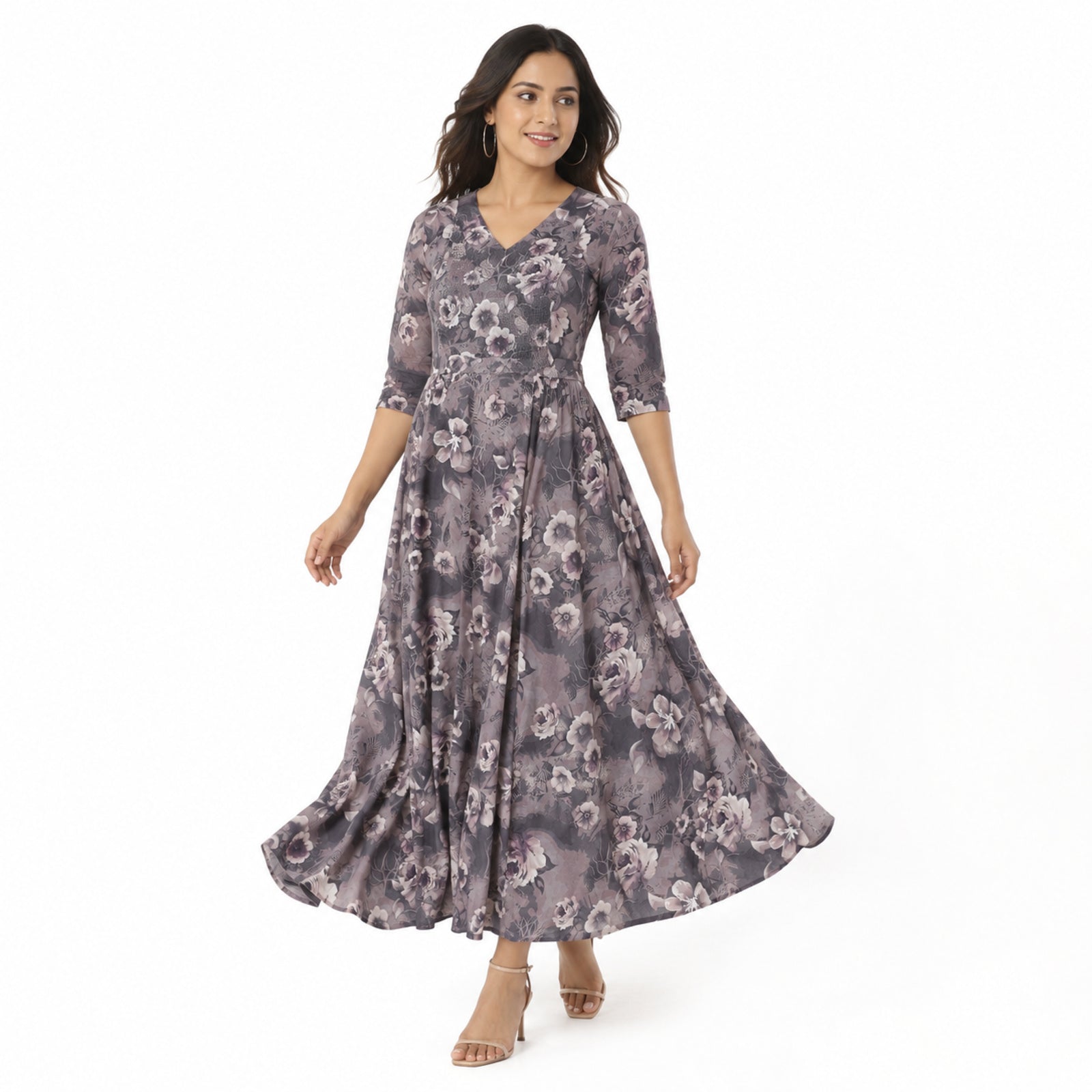 Women's Grey Floral V-Neck Flared Maxi Dress with Three-Quarter Sleeves-1