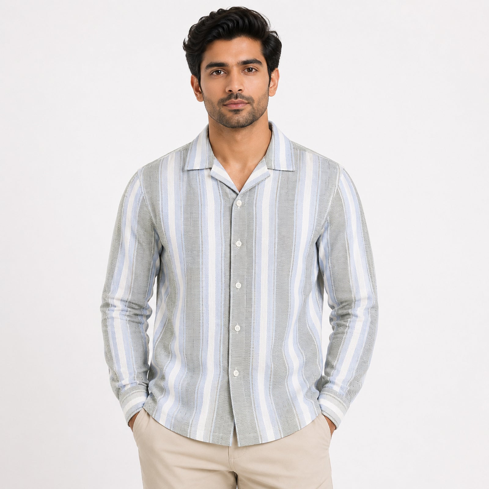 Men's White & Green Striped Full Sleeve Casual Shirt-4