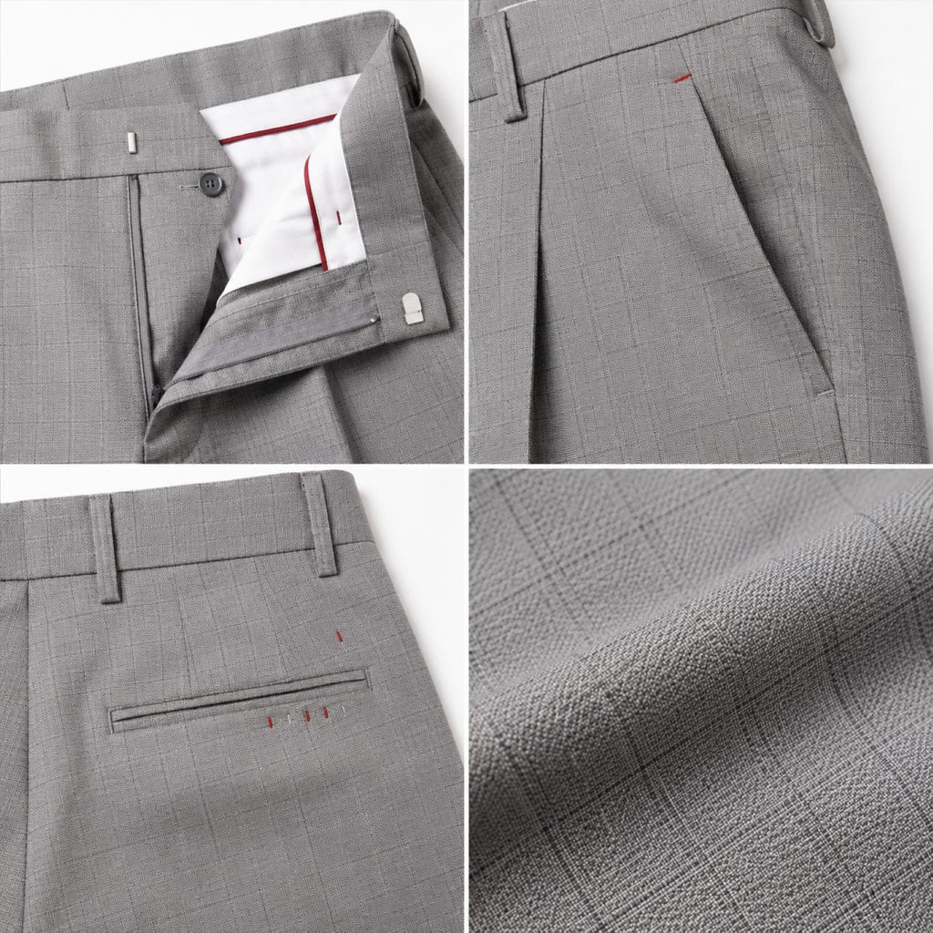 Men's Light Grey Checked Slim Fit Formal Trousers | Tailored Office Wear Pants-3