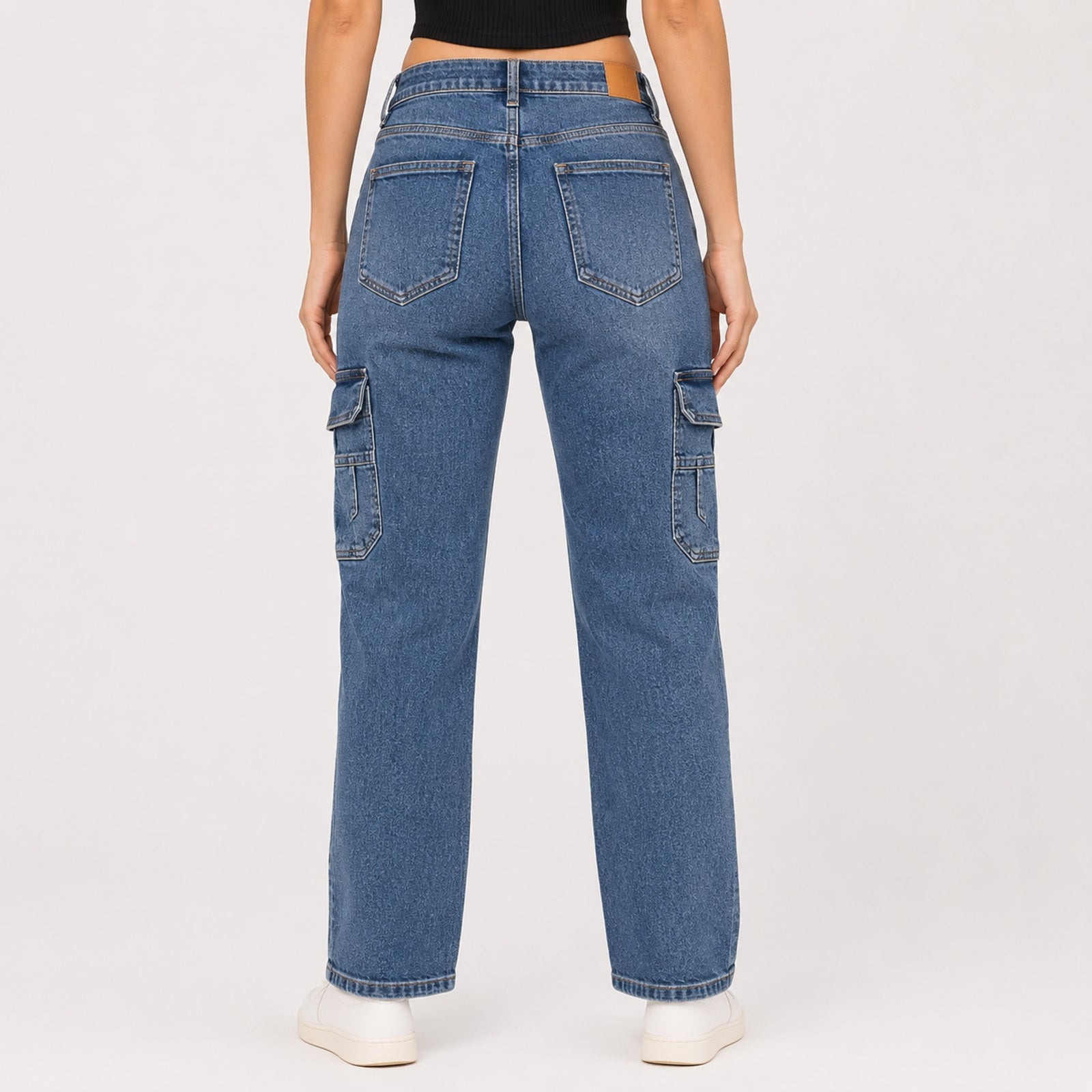 Women's Light Blue Cargo Fit Denim Jeans-2