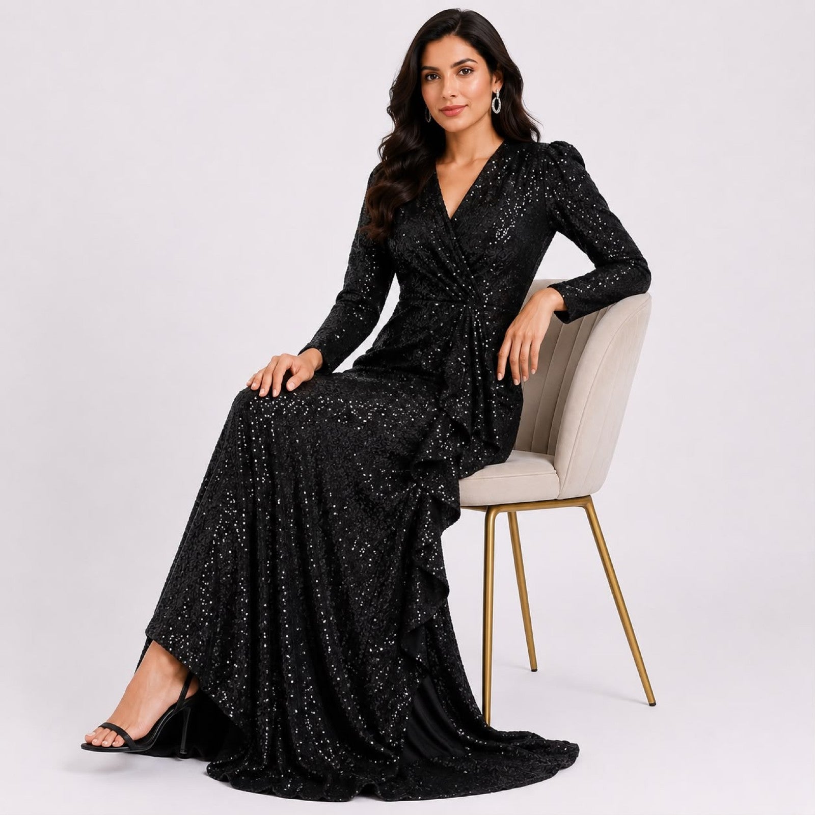 Women's Luxury Black Sequin Wrap Maxi Gown with Ruffle Detail | Elegant Evening Party Wear Dress for Women-2