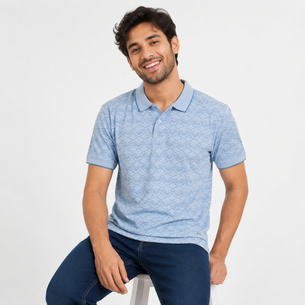 Men's Sky Blue Textured Polo T-Shirt-2