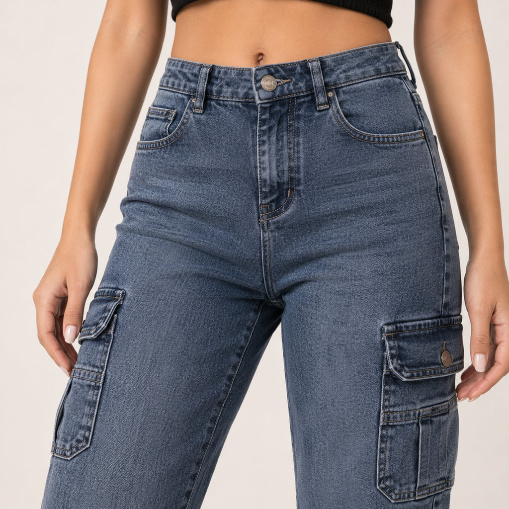 Women's Light Blue Cargo Fit Denim Jeans-4