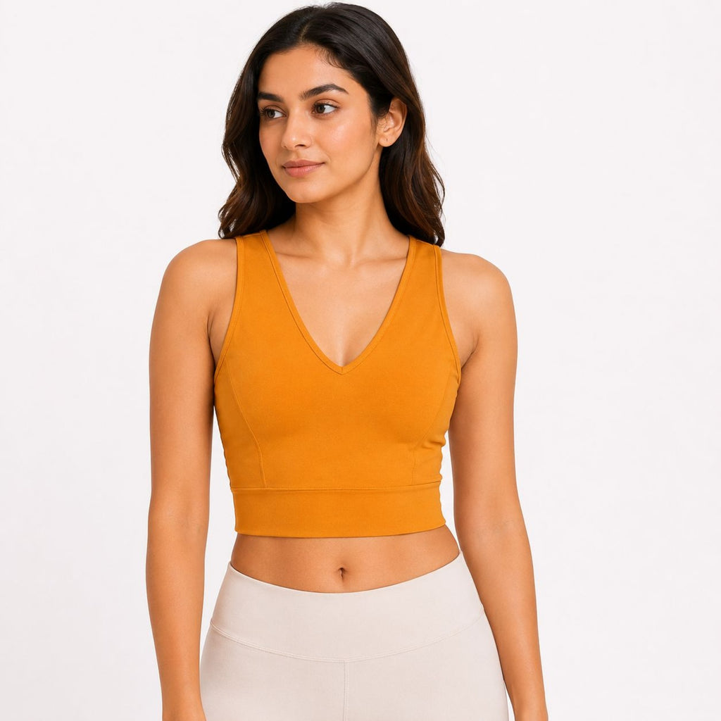 Women's Chic V-Neck Mustard Yellow Fitted Crop Top-1
