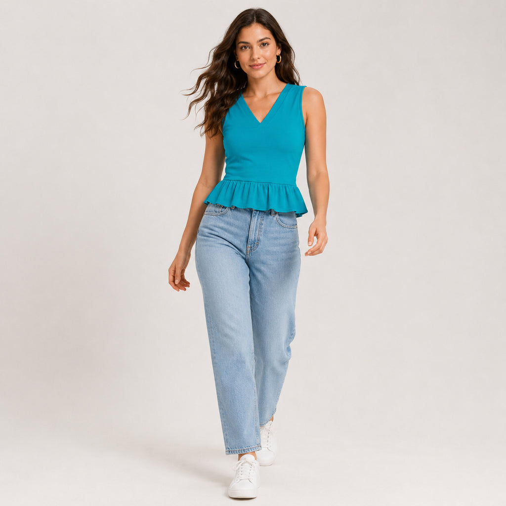 Women's Ocean Muse Teal Peplum V-Neck Sleeveless Top-3