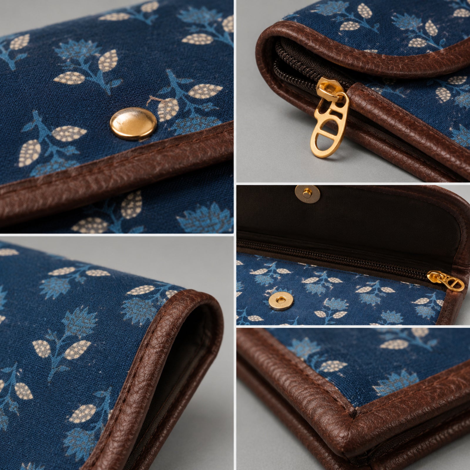 Women's Luxury Floral-Print Blue Canvas Clutch Wallet with Leather Trim-3