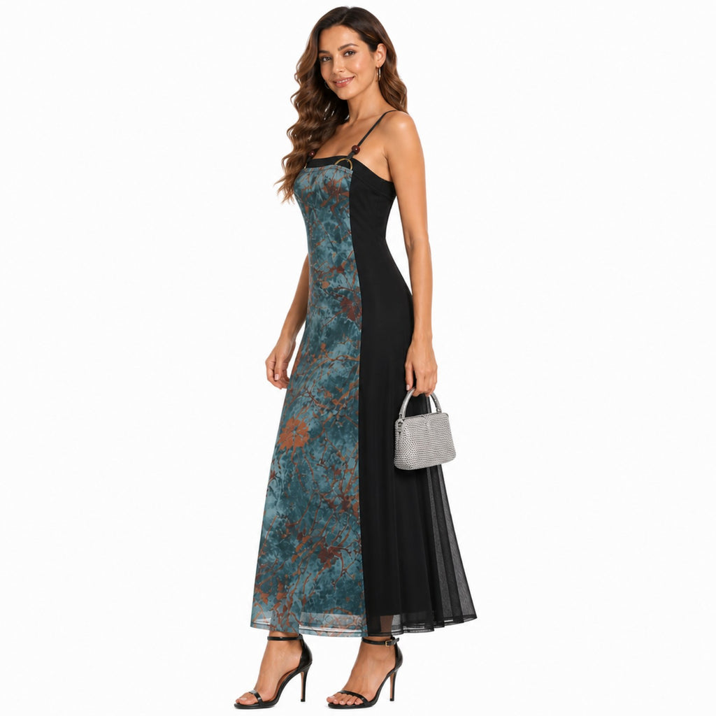 Women's Contrast Panel Spaghetti Strap Midi Dress-2