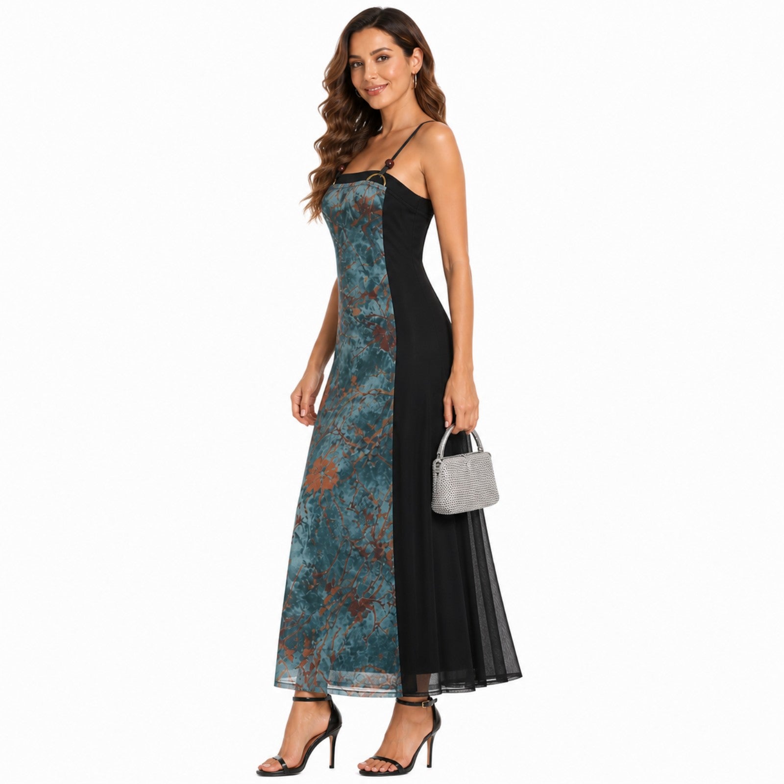 Women's Contrast Panel Spaghetti Strap Midi Dress-2