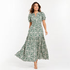 Women's Green Floral Print Notch Neck Puff Sleeve Tiered Maxi Dress | Elegant Flared Day Dress-1