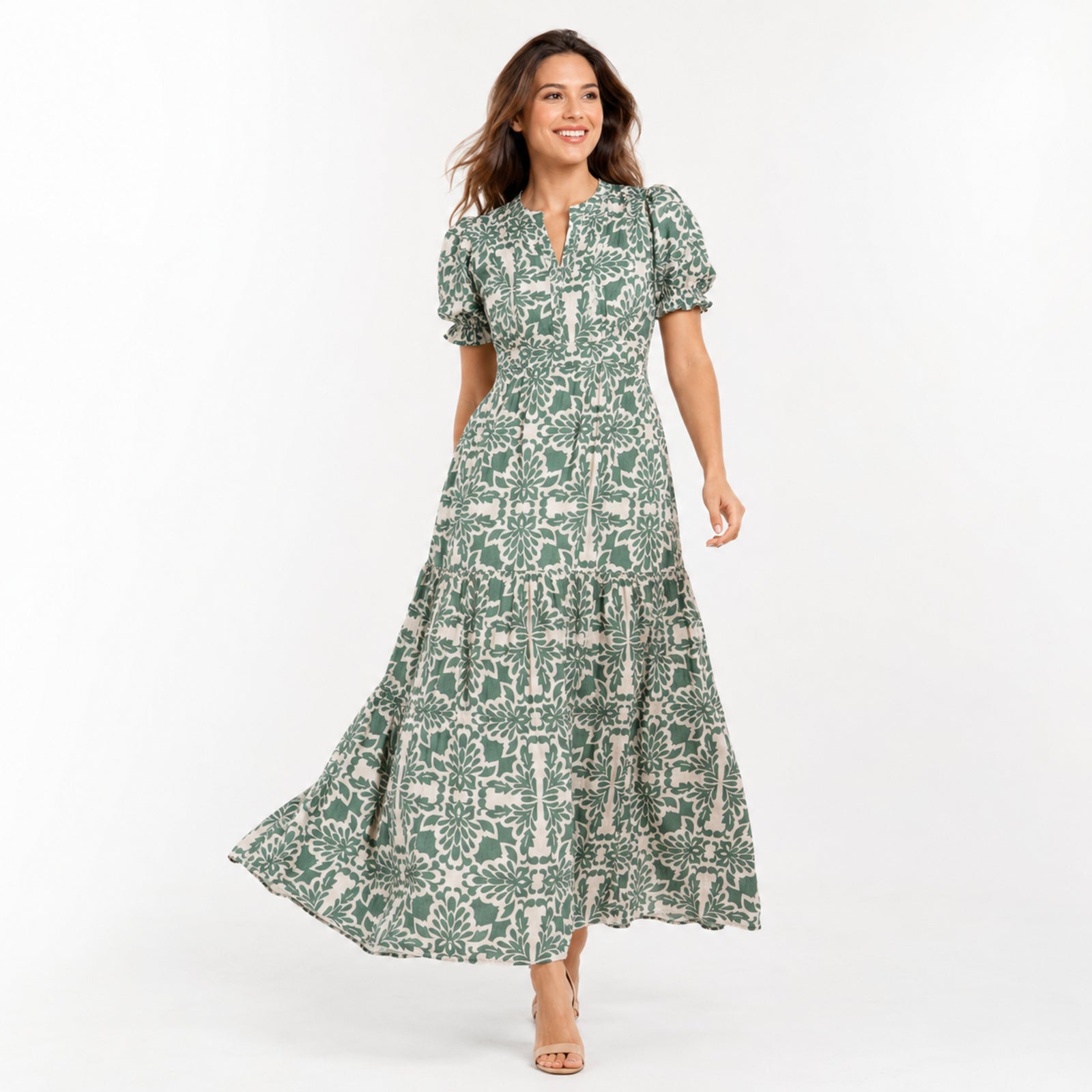 Women's Green Floral Print Notch Neck Puff Sleeve Tiered Maxi Dress | Elegant Flared Day Dress-1