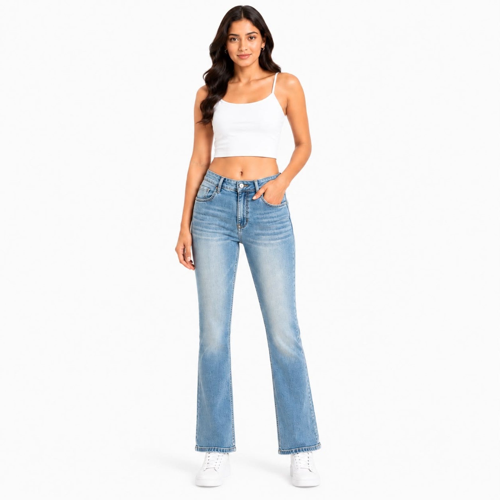 Women's Light Blue High-Rise Flared Denim Jeans with Washed Finish-3
