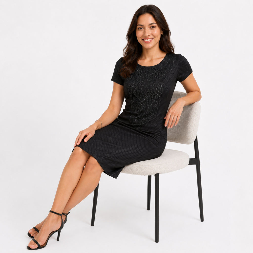 Women's Black Textured Bodycon Knee-Length Dress-2