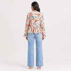 Women's Orange Floral Print Tie-Neck Peplum Top-1