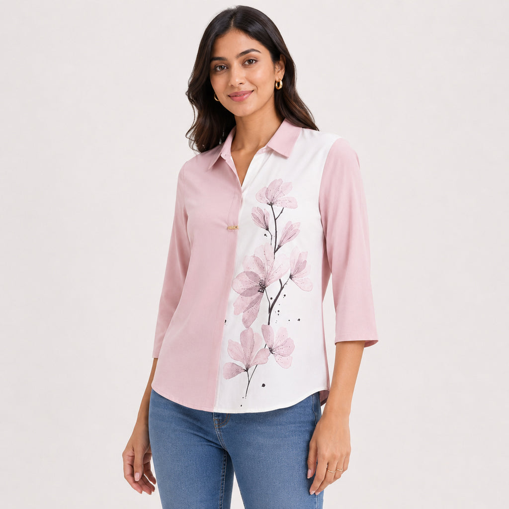 Women's Pink Floral Print Color Block Casual Top | Elegant Collared Everyday Fashion Blouse-2